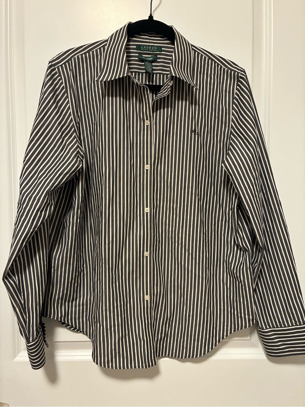 Women's Ralph Lauren Grey and White Vertical Stripe Dress Shirt